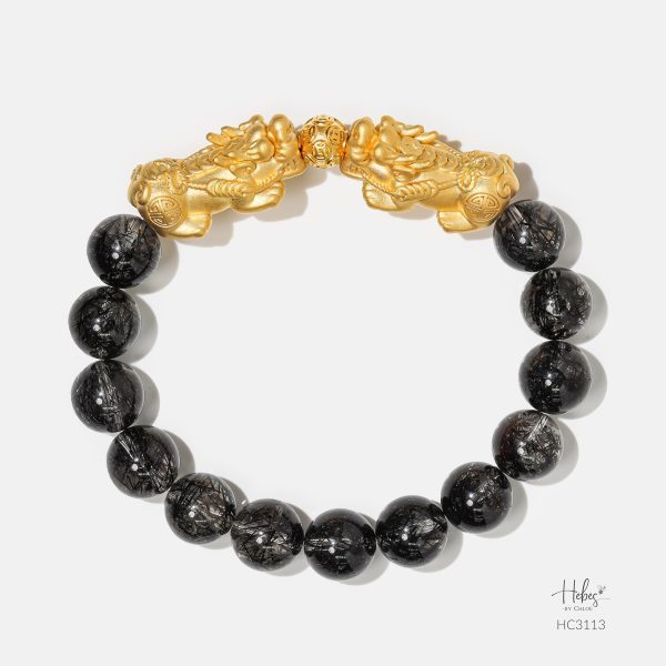 Gold Vermeil Pixiu Black Rutilated Quartz Bracelet (10mm) 993113