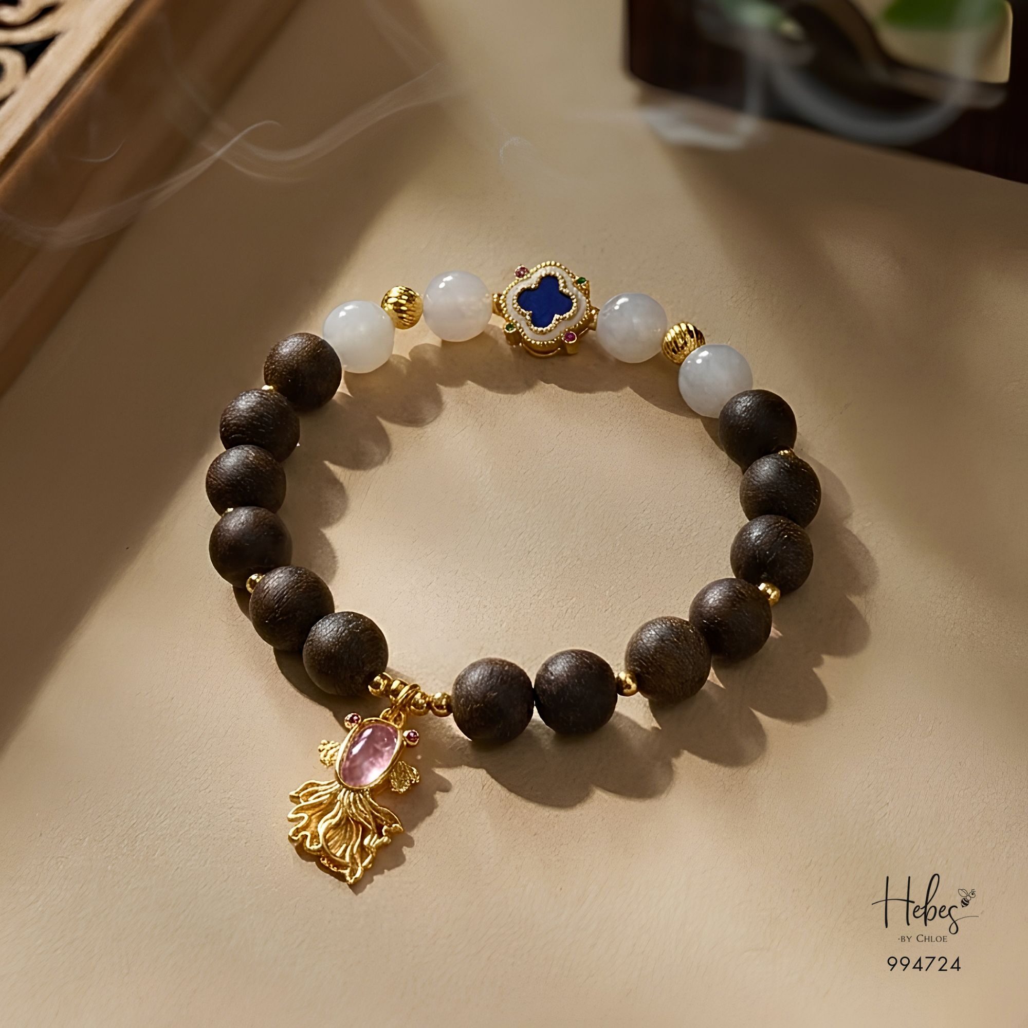 Vietnamese Agarwood & Lavender Jade Lucky Fish Bracelet 994724